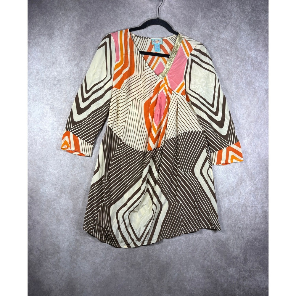 Plenty by Tracy Reese Tunic Top Women Medium Multi Geometric Silk Mod V-Neck